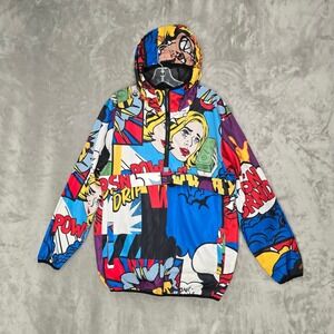 Reason Mens Comic Book Pop Art Graphic Half Zip Windbreaker Jacket Hooded Large